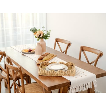 StorageWorks Scalloped Tray, Wicker Tray with Handles, Woven Square Rattan Tray, Scallop Basket Table Décor Trays, Water Hyacinth Rattan Serving Tray for Ottoman Decorative and Organizer Trays