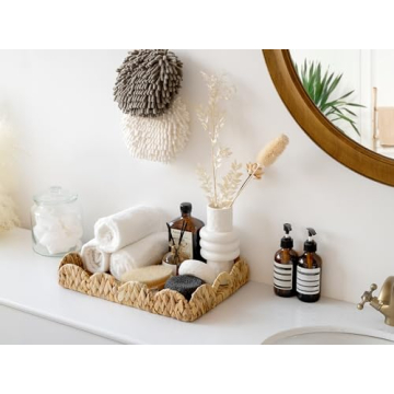 StorageWorks Scalloped Tray, Wicker Tray with Handles, Woven Square Rattan Tray, Scallop Basket Table Décor Trays, Water Hyacinth Rattan Serving Tray for Ottoman Decorative and Organizer Trays