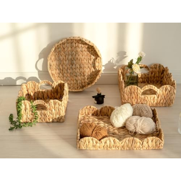 StorageWorks Scalloped Tray, Wicker Tray with Handles, Woven Square Rattan Tray, Scallop Basket Table Décor Trays, Water Hyacinth Rattan Serving Tray for Ottoman Decorative and Organizer Trays