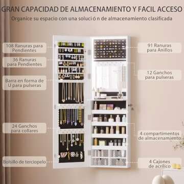 Vlsrka 47.2" LED Jewelry Mirror Cabinet, Wall/Door Mounted Jewelry Armoire Organizer with Full Lengt...