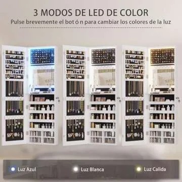 Vlsrka 47.2" LED Jewelry Mirror Cabinet, Wall/Door Mounted Jewelry Armoire Organizer with Full Length Mirror, Large Storage Hanging Cabinet, 4 Drawers, 5 Shelves, Built-in Lighted Mirror (White)