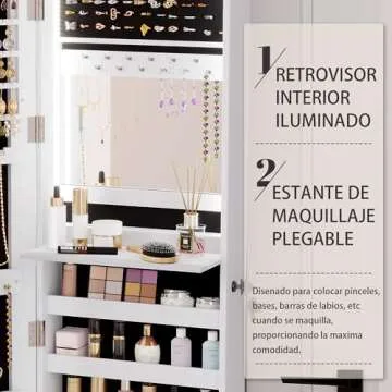 Vlsrka 47.2" LED Jewelry Mirror Cabinet, Wall/Door Mounted Jewelry Armoire Organizer with Full Length Mirror, Large Storage Hanging Cabinet, 4 Drawers, 5 Shelves, Built-in Lighted Mirror (White)