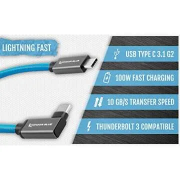 KONDOR BLUE 12" USB C 3.1 GEN 2 Cable with Right Angle Connector for Durable Charging and Data Shari...