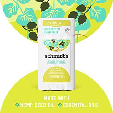 Schmidt's Sensitive Skin Natural Deodorant with Hemp Seed Oil For 24 Hour Odor Protection Patchouli + Hops Aluminum Salt Free, Vegan, Certified Cruelty Free, 3.25 oz