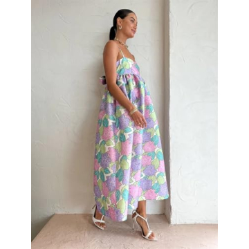 OrgeFy Casual Style Printed Drawstring Loose Sleeveless Open Back Large Swing Dress French Printed Long Skirt (Color : Decor, Size : L)