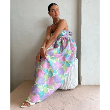 OrgeFy Casual Style Printed Drawstring Loose Sleeveless Open Back Large Swing Dress French Printed Long Skirt (Color : Decor, Size : L)