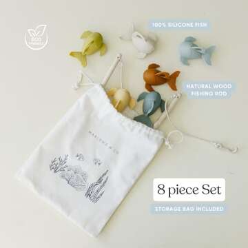 Marlowe & Co Silicone and Wooden Fishing Playset, Montessori Fine Motor Skills Fish Game for Childre...