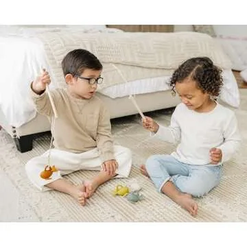 Marlowe & Co Silicone and Wooden Fishing Playset, Montessori Fine Motor Skills Fish Game for Children