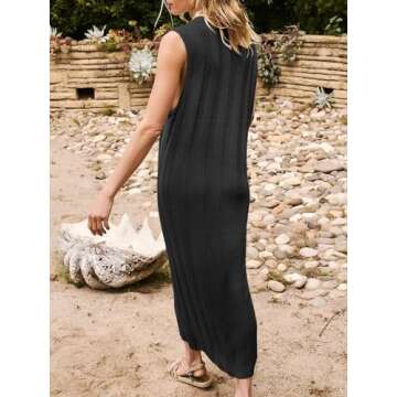 Fisoew Women's Summer Sleeveless Maxi Dress Scoop Neck Ribbed Knit Tank Top Dresses Black