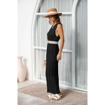 Fisoew Women's Summer Sleeveless Maxi Dress Scoop Neck Ribbed Knit Tank Top Dresses Black