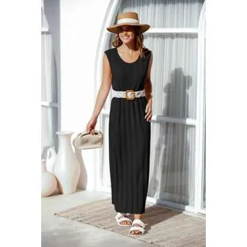 Fisoew Women's Summer Sleeveless Maxi Dress Scoop Neck Ribbed Knit Tank Top Dresses Black