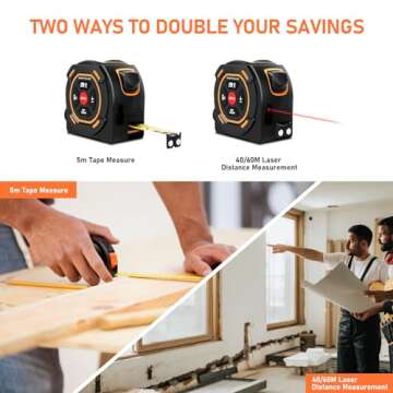 Digital Laser Tape Measure with Type-C Charging, 131/197-ft Laser Tape Measure & 16-ft Tape Measure 2-in-1 Tools, N/in/ft Units Pythagorean, Area, Volume Measuring, for Woodworker and DIY Tasks (40M)