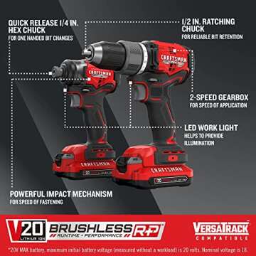 CRAFTSMAN V20 RP Cordless Drill and Impact Driver, Brushless Power Tool Combo Kit, 2 Batteries and Charger Included (CMCK211C2)