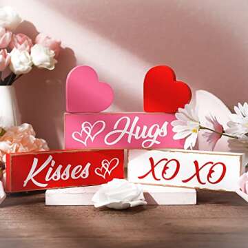 5 Pcs Valentine's Day Decorations Wooden Heart Blocks Signs Hugs Kisses Valentines Sign Decorations ...