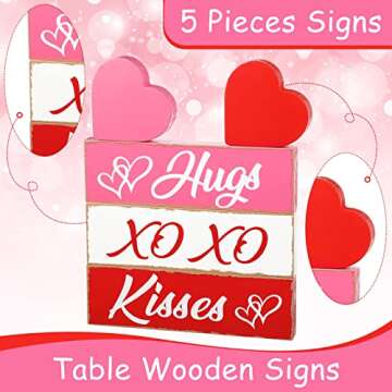 5 Pcs Valentine's Day Decorations Wooden Heart Blocks Signs Hugs Kisses Valentines Sign Decorations Gift Tiered Tray Decor Wood Heart Shape Wedding Decorations for Home Farmhouse (Heart)