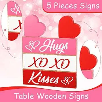 5 Pcs Valentine's Day Decorations Wooden Heart Blocks Signs Hugs Kisses Valentines Sign Decorations Gift Tiered Tray Decor Wood Heart Shape Wedding Decorations for Home Farmhouse (Heart)