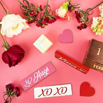 5 Pcs Valentine's Day Decorations Wooden Heart Blocks Signs Hugs Kisses Valentines Sign Decorations Gift Tiered Tray Decor Wood Heart Shape Wedding Decorations for Home Farmhouse (Heart)