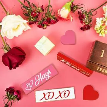 5 Pcs Valentine's Day Decorations Wooden Heart Blocks Signs Hugs Kisses Valentines Sign Decorations Gift Tiered Tray Decor Wood Heart Shape Wedding Decorations for Home Farmhouse (Heart)