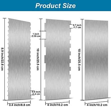 3 Pieces Stainless Steel Cake Scraper 10 Inch and 9 Inch Large Double Sided Patterned Edge Stripe Ed...