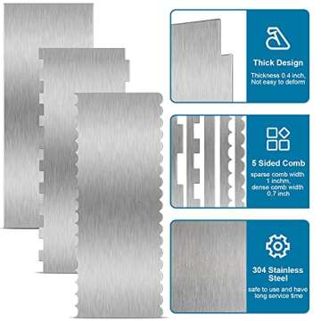 3 Pieces Stainless Steel Cake Scraper 10 Inch and 9 Inch Large Double Sided Patterned Edge Stripe Edge Smoother Scraper Cake Decorating Comb Pastry Cutter for Butter Mousse Cream Decoration