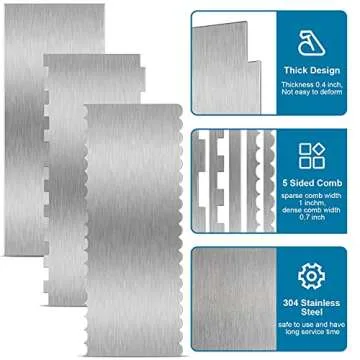3 Pieces Stainless Steel Cake Scraper 10 Inch and 9 Inch Large Double Sided Patterned Edge Stripe Edge Smoother Scraper Cake Decorating Comb Pastry Cutter for Butter Mousse Cream Decoration