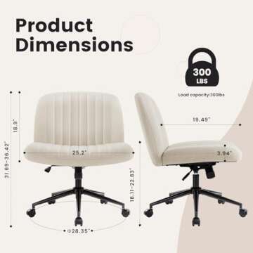 IWMH Armless Wide Seat Office Chair, Criss Cross Legged Desk Chair with Wheels, Height Adjustable Computer Task Chair,Wide Seat Swivel Vanity Chair for Home,Office,Bedroom, Make Up, Small Space,Beige