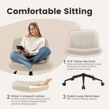 IWMH Armless Wide Seat Office Chair, Criss Cross Legged Desk Chair with Wheels, Height Adjustable Computer Task Chair,Wide Seat Swivel Vanity Chair for Home,Office,Bedroom, Make Up, Small Space,Beige