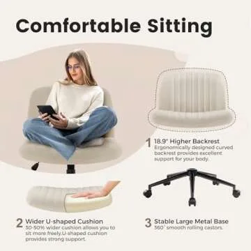 IWMH Armless Wide Seat Office Chair, Criss Cross Legged Desk Chair with Wheels, Height Adjustable Computer Task Chair,Wide Seat Swivel Vanity Chair for Home,Office,Bedroom, Make Up, Small Space,Beige
