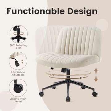 IWMH Armless Wide Seat Office Chair, Criss Cross Legged Desk Chair with Wheels, Height Adjustable Computer Task Chair,Wide Seat Swivel Vanity Chair for Home,Office,Bedroom, Make Up, Small Space,Beige