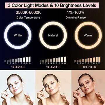 11’’ Selfie Ring Light with Foldable Stand & 3 Phone Holder, Portable Dimmable Desktop & Floor Beauty Light, 3 Modes 10 Brightness for Live Streaming, Makeup, YouTube, TikTok, Video, iPhone & Android