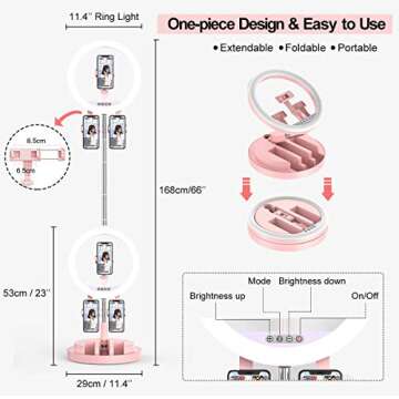 11’’ Selfie Ring Light with Foldable Stand & 3 Phone Holder, Portable Dimmable Desktop & Floor Beauty Light, 3 Modes 10 Brightness for Live Streaming, Makeup, YouTube, TikTok, Video, iPhone & Android