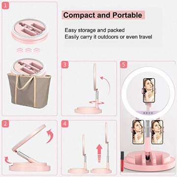 11’’ Selfie Ring Light with Foldable Stand & 3 Phone Holder, Portable Dimmable Desktop & Floor Beauty Light, 3 Modes 10 Brightness for Live Streaming, Makeup, YouTube, TikTok, Video, iPhone & Android