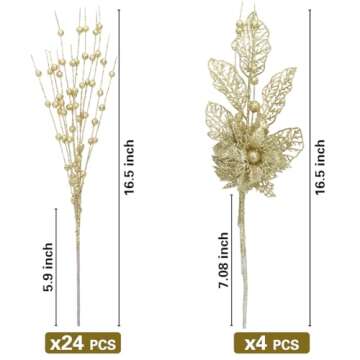 ROSELEAF 28 Pack Artificial Glitter Berry Stem Ornaments, Gold Christmas Ornaments Flower Branches P...