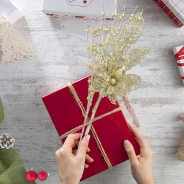 ROSELEAF 28 Pack Artificial Glitter Berry Stem Ornaments, Gold Christmas Ornaments Flower Branches Picks for Xmas Tree Decoration Gift Decor Small Vase Home Holiday Wedding Party Decor