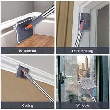 Baseboard Cleaner Tool with Long Handle - ROKOXIN Cleaning Tools Mop for Baseboard Molding Duster, Ceiling Wall Window Cleaner with 6 Reusable Microfiber Mop Pads