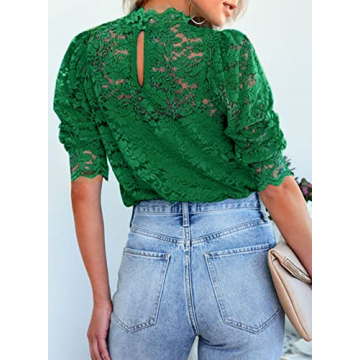 Dokotoo Womens Spring Tops Lace Business Casual Tops for Women Short Sleeve Mock Neck Summer Blouses for Women Fashion 2024 Elegant Cute Stretchy Shirt with Cami Green X-Large