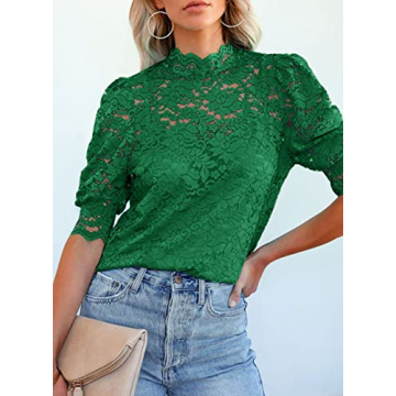 Dokotoo Womens Spring Tops Lace Business Casual Tops for Women Short Sleeve Mock Neck Summer Blouses for Women Fashion 2024 Elegant Cute Stretchy Shirt with Cami Green X-Large