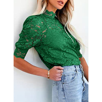 Dokotoo Womens Spring Tops Lace Business Casual Tops for Women Short Sleeve Mock Neck Summer Blouses for Women Fashion 2024 Elegant Cute Stretchy Shirt with Cami Green X-Large