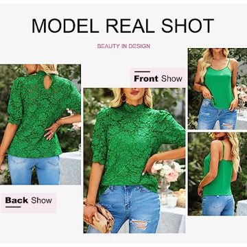 Dokotoo Womens Spring Tops Lace Business Casual Tops for Women Short Sleeve Mock Neck Summer Blouses for Women Fashion 2024 Elegant Cute Stretchy Shirt with Cami Green X-Large