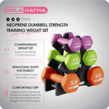 HolaHatha 1, 2, and 3 Pound Neoprene Dumbbell Weight Set with Storage Rack Stand, Ideal Strength Tra...