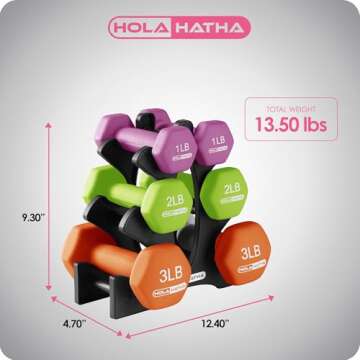 HolaHatha 1, 2, and 3 Pound Neoprene Dumbbell Weight Set with Storage Rack Stand, Ideal Strength Training Home Gym Workout Equipment for Muscle Toning
