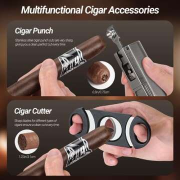 USEWIRE Cigar Travel Humidor and Cigar Lighter Set, Portable Travel Cigar Case with Humidifier, Hygrometer, Cigar Lighter, Cigar Cutter, Travel Humidor Holds 4-5 Cigars, Cigar Gift Set (Black)