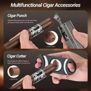 USEWIRE Cigar Travel Humidor and Cigar Lighter Set, Portable Travel Cigar Case with Humidifier, Hygrometer, Cigar Lighter, Cigar Cutter, Travel Humidor Holds 4-5 Cigars, Cigar Gift Set (Black)