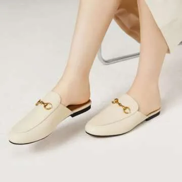Vertundy Women's Mules Loafers Low Heel Flats Leather Slip On Backless Sandals for Girls Lady Work Slides Beige