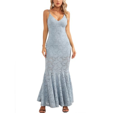 Aigeman Floral Lace Spaghetti Straps Mermaid Maxi Dress for Beach Weddings (X-Small, Sky Blue)
