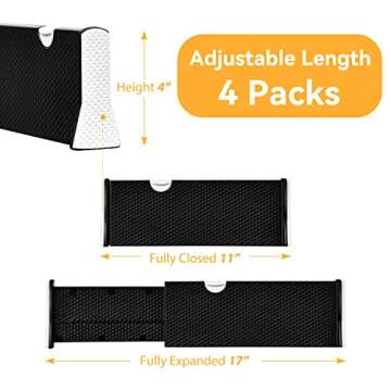 JONYJ Drawer Dividers Organizer 4 Pack, Adjustable Separators 4" High Expandable from 11-17" for Bedroom, Bathroom, Closet,Clothing, Office, Kitchen Storage, Strong Secure Hold, Foam Ends（Black）