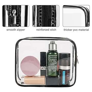 APREUTY Clear Makeup Bags, TSA Approved 3 Pcs Cosmetic Makeup Bags Set Clear PVC with Zipper Handle Portable Travel Luggage Pouch Airport Airline Vacation Organization (Black)