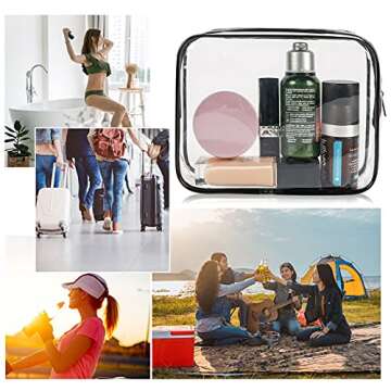 APREUTY Clear Makeup Bags, TSA Approved 3 Pcs Cosmetic Makeup Bags Set Clear PVC with Zipper Handle Portable Travel Luggage Pouch Airport Airline Vacation Organization (Black)