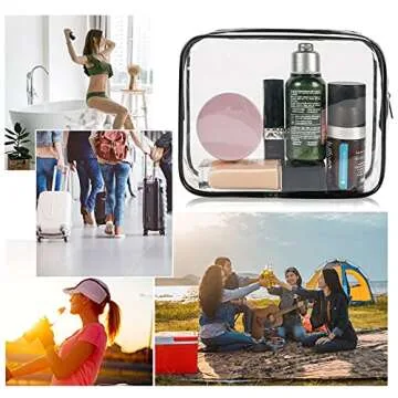 APREUTY Clear Makeup Bags, TSA Approved 3 Pcs Cosmetic Makeup Bags Set Clear PVC with Zipper Handle Portable Travel Luggage Pouch Airport Airline Vacation Organization (Black)