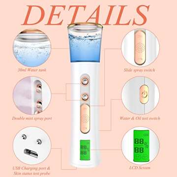 Nano Facial Mister, Double Nozzle Cool Mist Nano Facial Misting Device with Skin Analyzer, Portable USB Rechargeable Facial Sprayer for Eyelash Extensions, Face Moisturizing, Skin Care